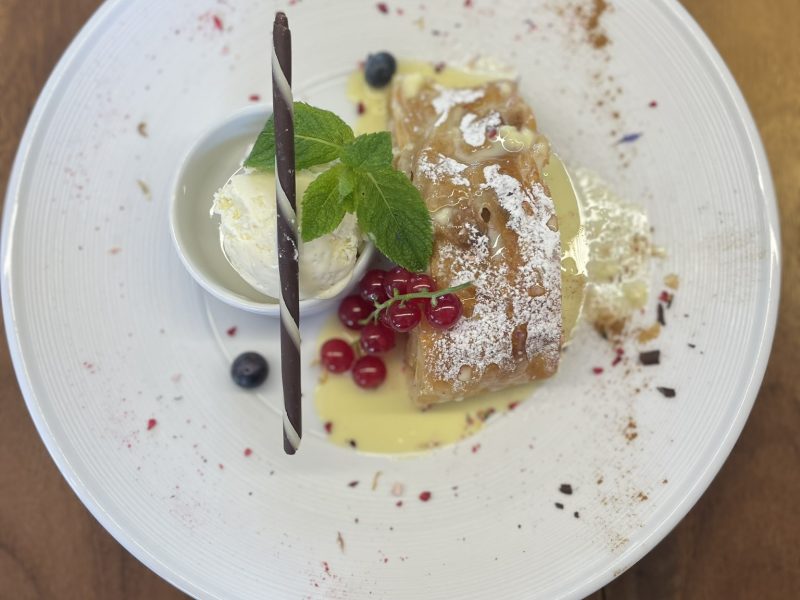 Homemade apple strudel at the Corvatsch restaurant